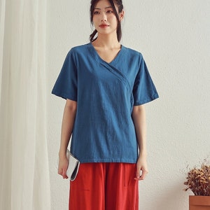Summer Cotton Tops Short Sleeves Blouse Casual Loose Kimono Customized Shirt Top V-neck Top Hand Made Plus Size Clothes Linen Women