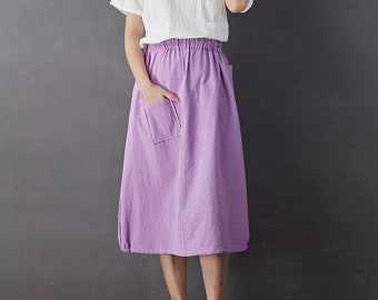 Summer Cotton Skirts A-line Pleated Elastic Waist Skirt Casual Loose Flared Midi Skirts Customized Plus Size Skirt Boho Linen