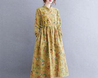 Cotton Linen Drawstring Dress Large Size Long Sleeves Disc Button Swing Skirt Improved Cheongsam Print Women's Spring and Autumn Linen Dress