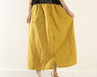 Summer Cotton Skirts A-line Pleated Elastic Waist Skirt Flared Casual Loose Maxi Skirts Customized Plus Size Skirt Boho Linen Skirt