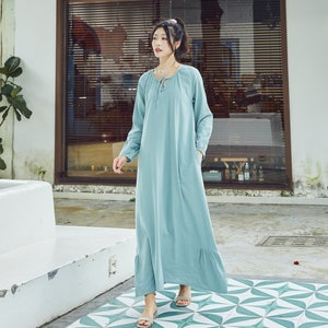 Women Cotton Dress Soft Casual Loose Robes Long Sleeves Shift Dress Boho Maxi Dresses Customized Dress Plus Size Clothing Linen Dress image 6