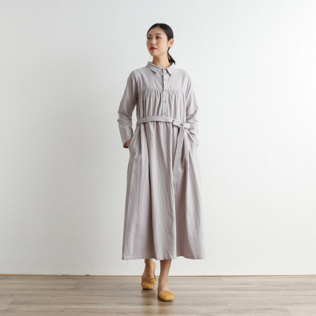Women Long Sleeves Cotton Dress Soft Shirt Robes Casual Loose Tunics