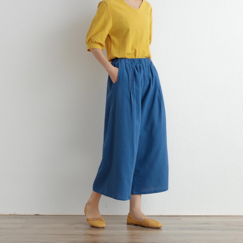 Summer Cropped Pant Elastic Waist Pant Cotton Pants Soft Casual Loose Trousers Wide Leg Skirt Pant Customized Plus Size Pants Linen Pant image 3