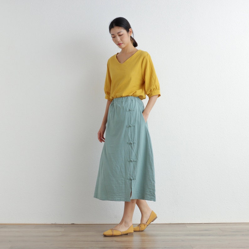 Summer Cotton Skirt Casual Loose Skirts A-line Pleated Elastic Waist Skirt Flared Midi Skirts Customized Plus Size Skirt Boho Linen image 2