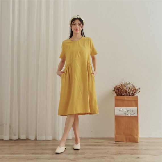 cotton pocket dress for women Summer Dress Cotton Dress Casual Loose Short Sleeves Dress Midi Dresses  Customized Dress Plus Size Clothes Linen Dress Pocket Dress