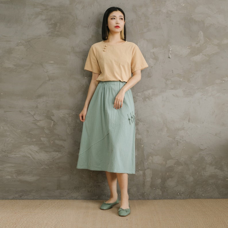 Summer Cotton Skirts A-line Pleated Elastic Waist Skirt Flared Casual Loose Midi Skirts Customized Plus Size Skirt Boho Linen image 3