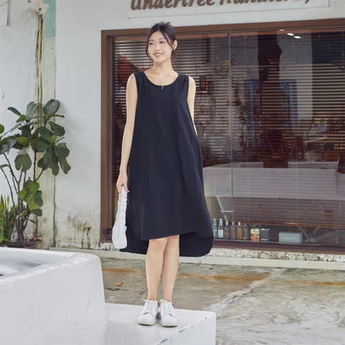 Summer Cotton Dress Casual Loose Tunics Sundress Sleeveless Shift Robes Midi Dresses Customized Dress Plus Size Clothes Linen