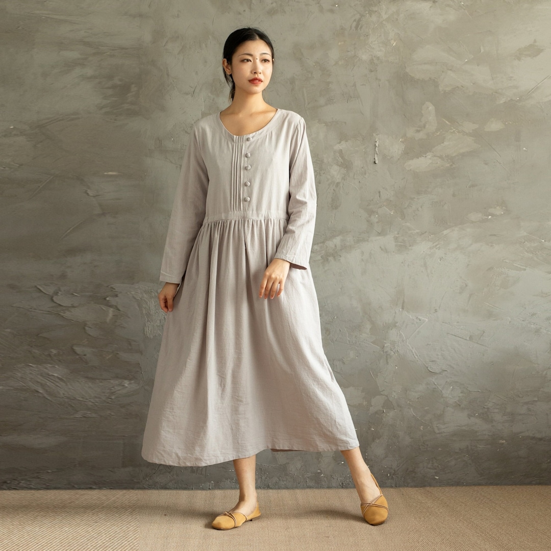 Women Long Sleeves Cotton Dress Soft Casual Loose Tunics Shirt Vneck