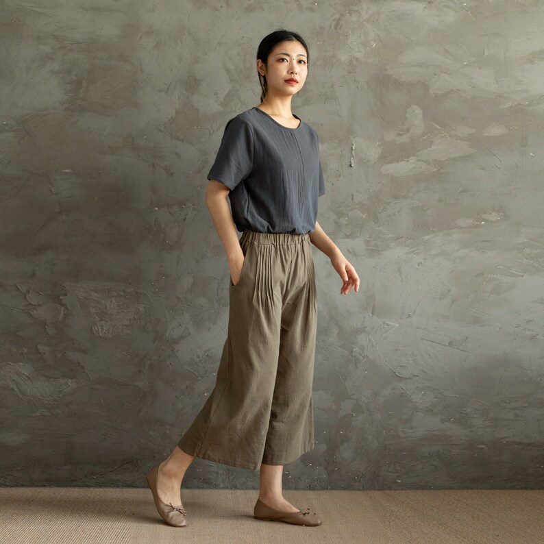 Summer Pants Elastic Waist Cotton Pants Soft Casual Loose Cropped Pant Midi Trousers Wide Leg Skirt Pant Customized Plus Size Linen Pant image 4