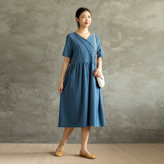 Summer Cotton Dress Casual Loose Tunics Short Sleeves V-neck Shirt Robes Knee Dresses Customized Dress Plus Size Clothes Linen Dress Summer Cotton Dress Casual Loose Tunics Short Sleeves V-neck Shirt Robes Knee Dresses Customized Dress Plus Size Clothes Linen Dress