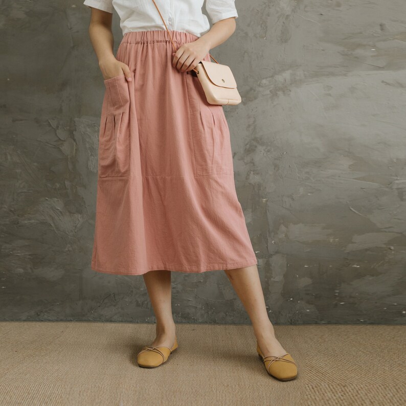 Casual Loose Summer Cotton Skirts A-line Pleated Elastic Waist Skirt Flared Midi Skirts Customized Plus Size Skirt Boho Linen image 4