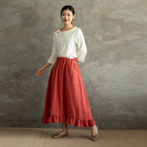 Summer Cotton Skirts A-line Pleated High-Low Hem Elastic Waist Skirt Flared Casual Loose Maxi Skirts Customized Plus Size Skirt Boho Linen image 4