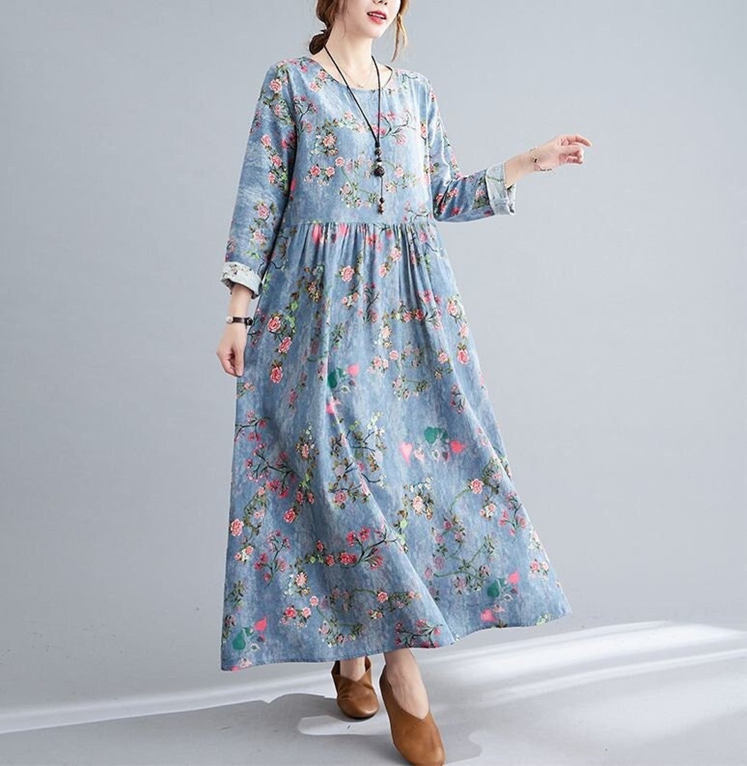 Women Printed Cotton Dress Floral Casual Loose Robes Long - Etsy