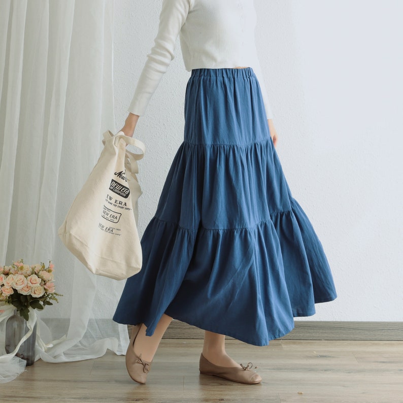 Summer Cotton Skirt Casual Loose Skirts A-line Pleated Elastic Waist Skirt Flared Midi Skirts Customized Plus Size Skirt Boho Linen Skirt image 2