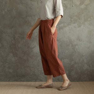 Summer Elastic Waist Cotton Pants Soft Casual Loose Cropped Pant Midi Trousers Wide Leg Skirt Pant Customized Plus Size Pants Linen Pant image 6