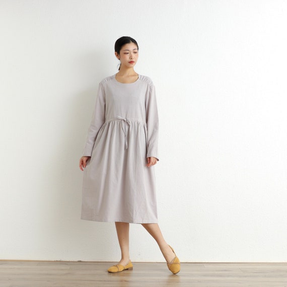 New Spring Cotton Dress Soft Casual Loose Dress Tunics Long Sleeves Robes Knee Dresses Customized Dress Plus Size Clothing Linen