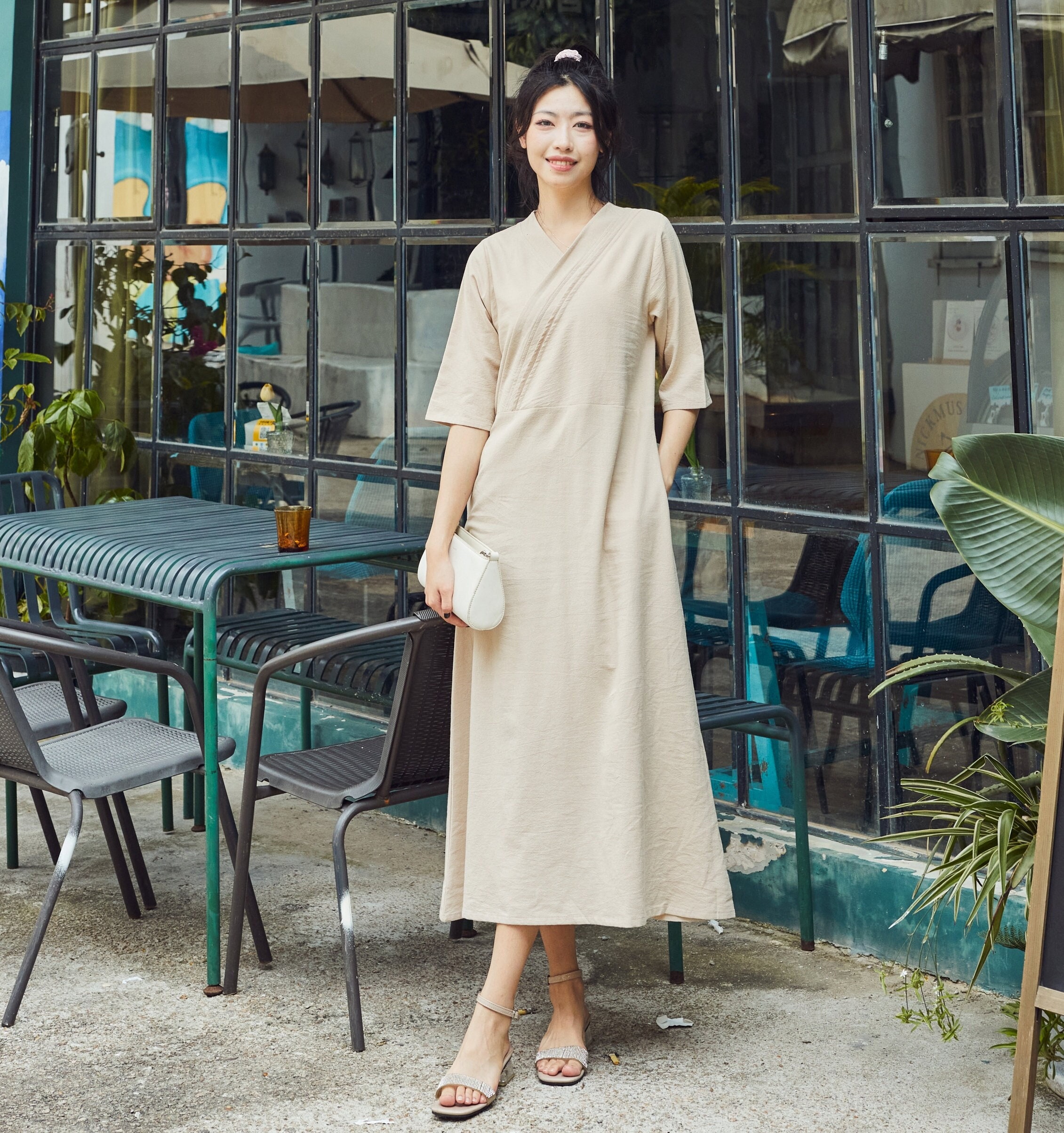 Summer Cotton Dress Casual Loose Dress Tunics Half Sleeves V