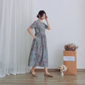 Summer Printed Cotton Dress Floral Casual Loose Robes Short Sleeves Dress Boho Midi Dresses Customize Dress Plus Size Clothes Linen Dress image 4