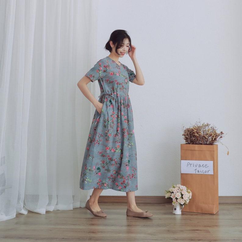 Summer Printed Cotton Dress Floral Casual Loose Robes Short Sleeves Dress Boho Midi Dresses Customize Dress Plus Size Clothes Linen Dress image 4