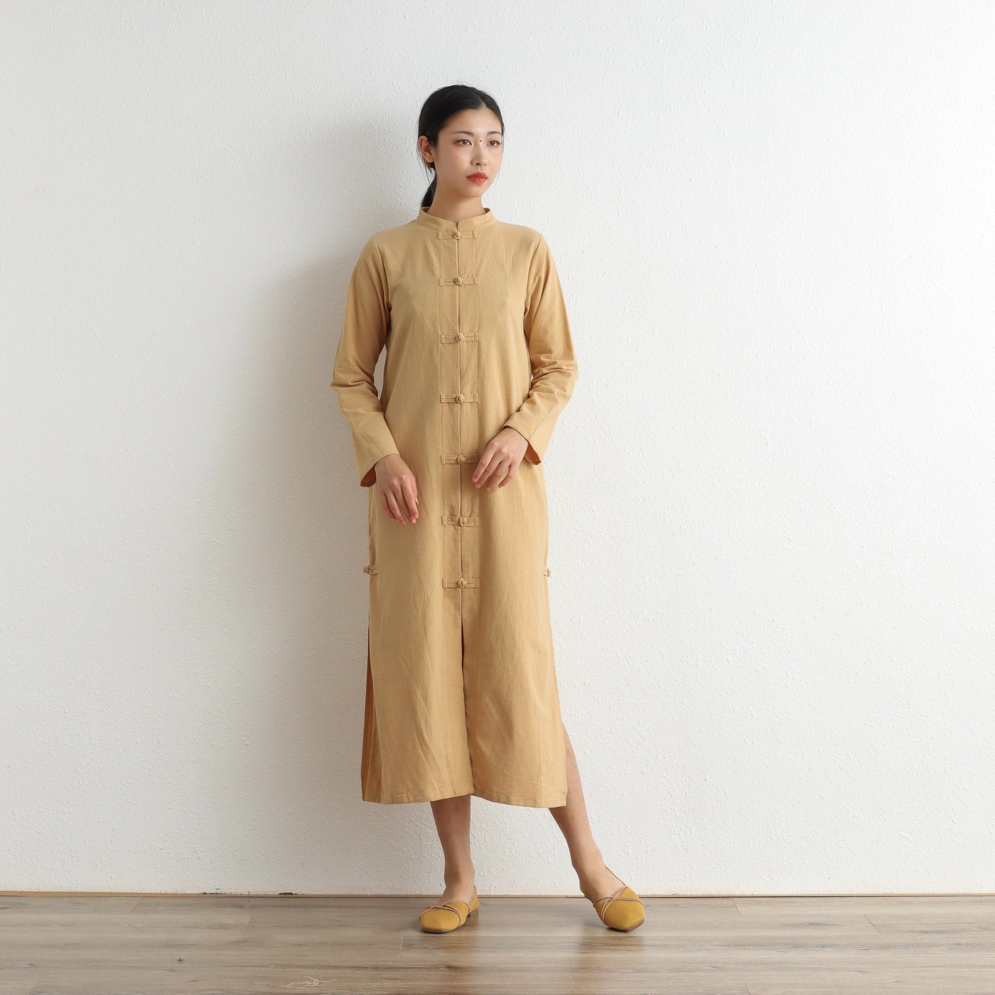 Women Cotton Dress Cardigan Casual Loose Dress Coat Tunics Long Sleeves Robes Maxi Dress Customized Dress Plus Size Clothing Linen