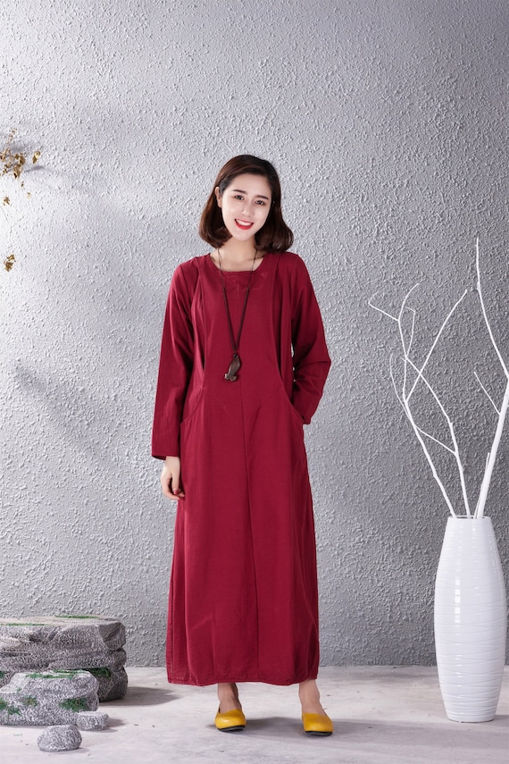Clearance Spring Fall Dress Cotton Dress Casual Loose Soft Dresses Long Sleeves Maxi Dress Warm Homewear