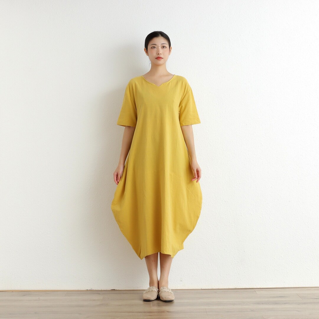 Summer Cotton Dress Casual Loose Dress Aline Short Sleeves Robes Midi