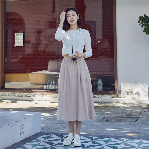 chinese dress ladies Drawstring Split Loose Skirt Casual Folds Low Rise Women's Midi Skirts Khaki / L