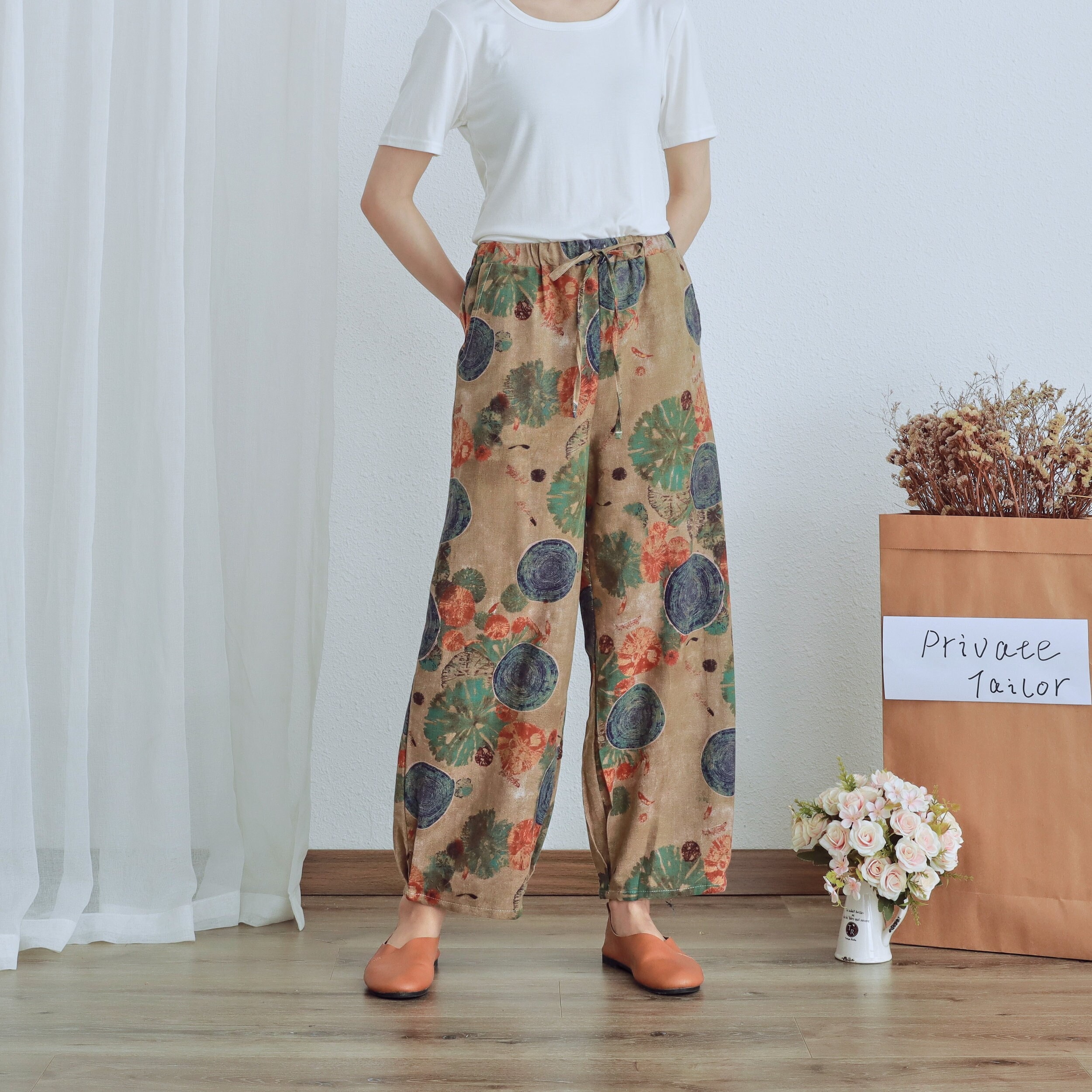 Formal Pants for Women Womens Flower Prinnted Linen Capri Pants Elastic  Waist Summer Cropped Trousers With Pockets Summer Women 
