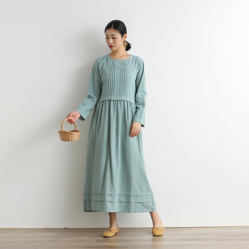 Women Cotton Dress Soft Casual Loose Robes Long Sleeves Shift Dress Boho Maxi Dresses Customized Dress Plus Size Clothing Linen 