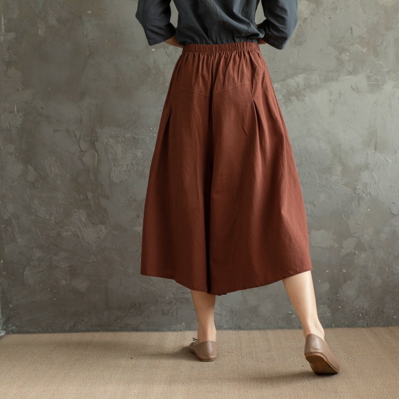 Summer Elastic Waist Cotton Pants Soft Casual Loose Cropped Pant Midi Trousers Wide Leg Skirt Pant Customized Plus Size Pants Linen image 6