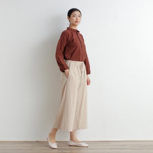 Summer Elastic Waist Cotton Pants Soft Casual Loose Cropped Pant Midi Trousers Wide Leg Skirt Pant Customized Plus Size Pants Linen image 3