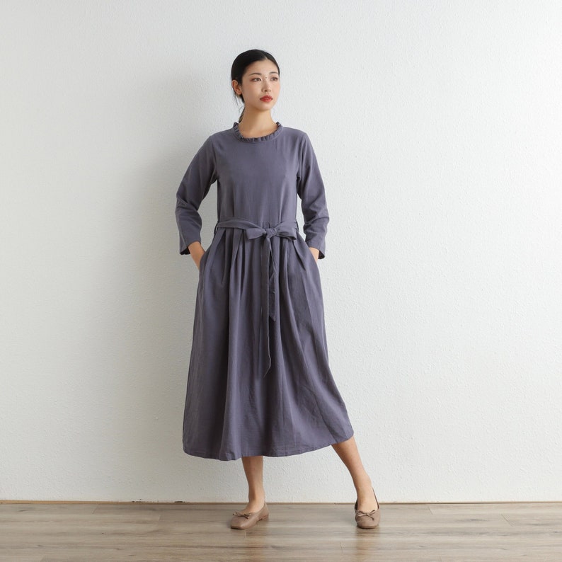 Spring Dress Cotton Dress Soft Shirt Casual Loose Dress Tunics 3/4 Sleeves Robes Maxi Dresses Customized Dress Plus Size Clothes Linen Dress image 2