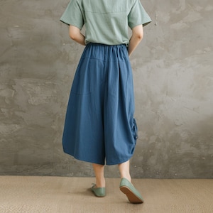 Summer Elastic Waist Cotton Pants Soft Casual Loose Cropped Pant Midi Trousers Wide Leg Skirt Pant Customized Plus Size Pants Linen image 7