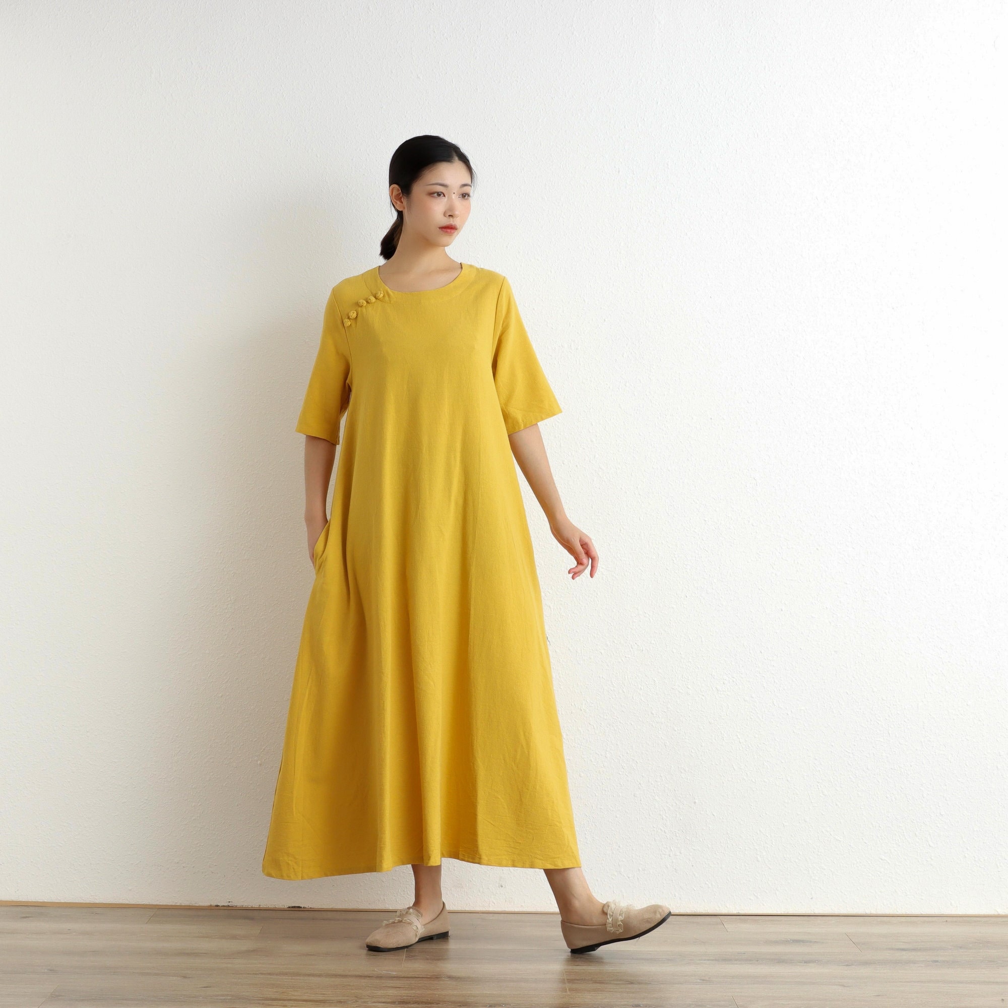 Women Cotton Dress Soft Casual Loose Robes Half Sleeves Women Cotton Dress Soft Casual Loose Robes Half Sleeves