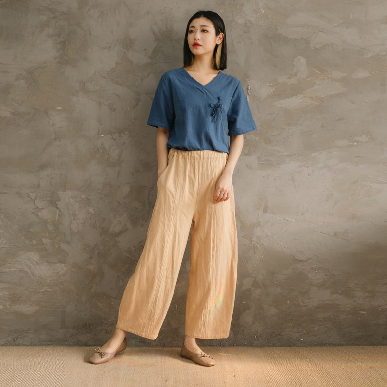 Summer Elastic Waist Cotton Pants Soft Casual Loose Trousers Wide Leg Pant Customized Plus Size Pants Linen Spring Pant image 3