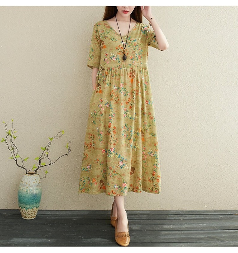 Women Printed Cotton Printed  Floral Casual Loose Robes Half Sleeves Shift Dress Boho Midi Dresses Customized Dress Plus Size Clothing Linen 