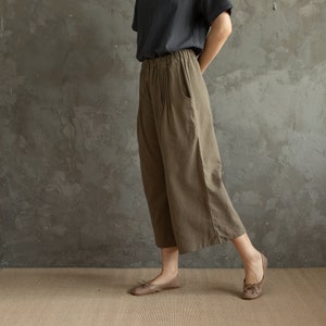 Summer Pants Elastic Waist Cotton Pants Soft Casual Loose Cropped Pant Midi Trousers Wide Leg Skirt Pant Customized Plus Size Linen Pant image 5