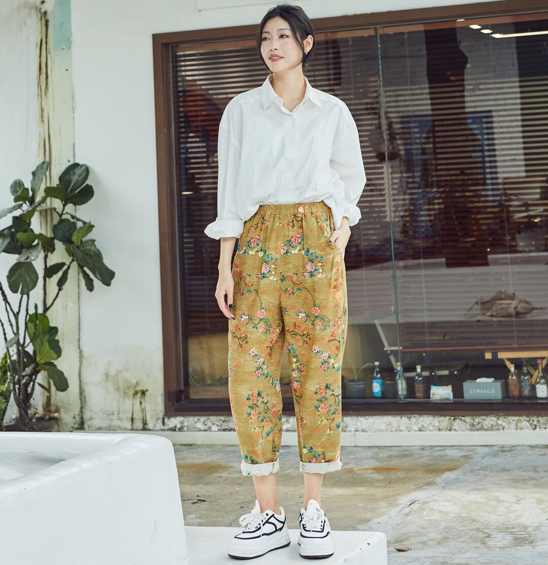 Floral Printed Elastic Waist Cotton Pants Soft Casual Loose Large Size Trousers  Wide Leg Pant Customized Plus Size Pants Linen Pant