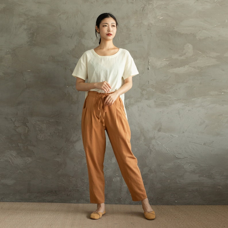 Natural Black Elastic Waist Patchwork Pants Summer Cotton
