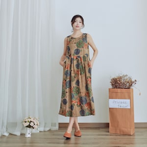 Summer Printed Cotton Dress Floral Casual Loose Robes Sleeveless Dress Boho Midi Dresses Customized Dress Plus Size Clothing Linen Dress image 4