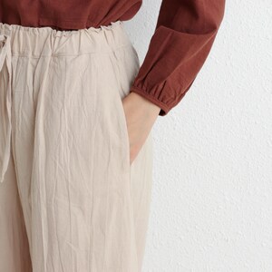 Summer Elastic Waist Cotton Pants Soft Casual Loose Cropped Pant Midi Trousers Wide Leg Skirt Pant Customized Plus Size Pants Linen image 7