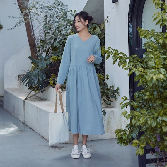 Winter Heavier Cotton Fabric Dress Fall Dress Thicker Warm Dress Long Sleeves Outwear Dresses Tailored XS-6XL (Handmade Custom Plus Size)