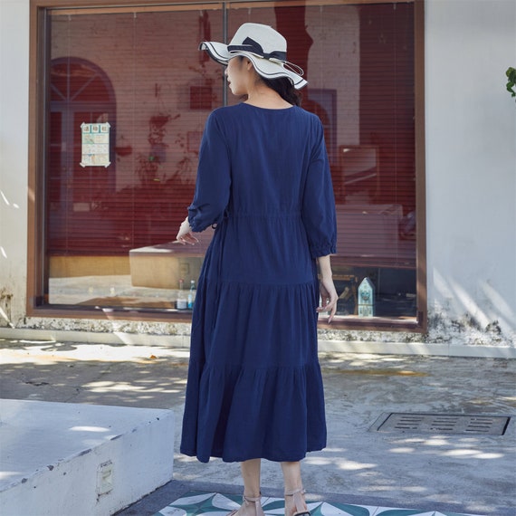 cotton blend sun dresses Women's Summer Cotton Linen Dress Casual 2025 V-Neck 3/4 Sleeve Ruffled  Modest Knee-Length Loose Midi A-Line Blue at Amazon Women's Clothing store