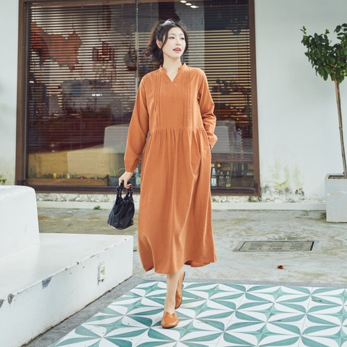 ladies cotton dresses with sleeves Women Cotton Dress Soft Casual Loose Robes Long Sleeves Shirt Dress Boho Maxi Dresses Customized Dress Plus Size Clothes Linen Dress Spring