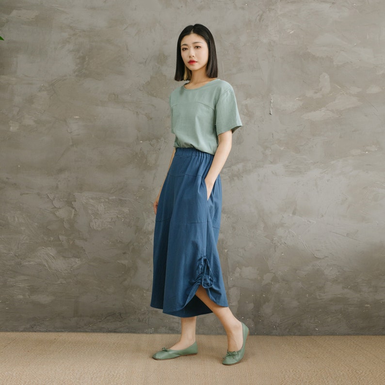 Summer Elastic Waist Cotton Pants Soft Casual Loose Cropped Pant Midi Trousers Wide Leg Skirt Pant Customized Plus Size Pants Linen image 4