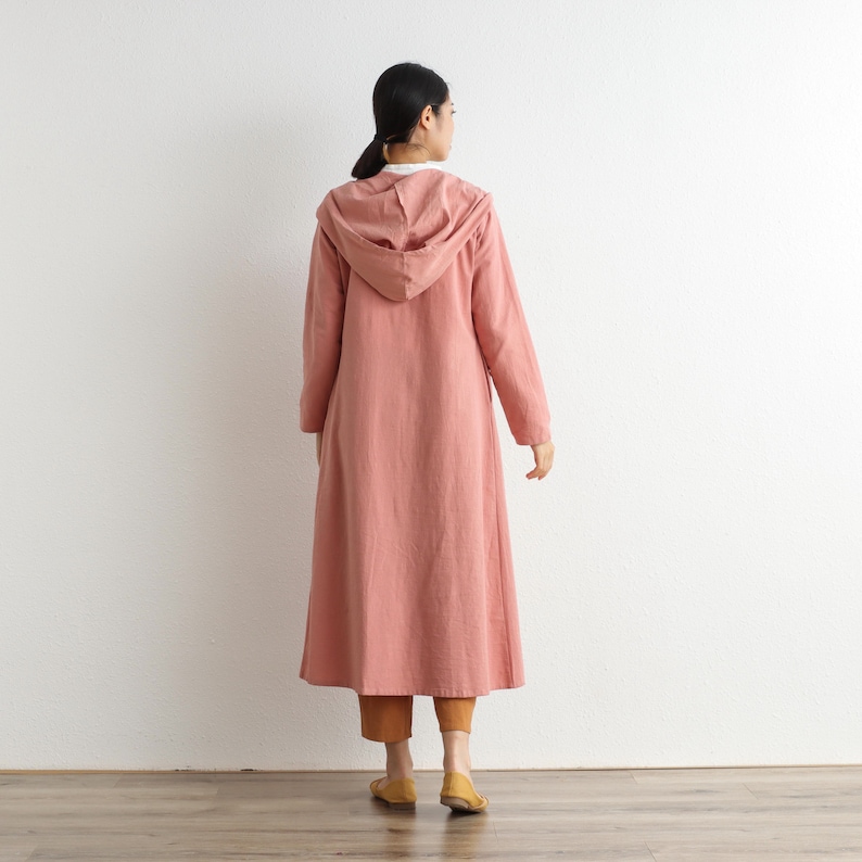 Hooded Cotton Dress Coat Casual Loose Robes Long Sleeves Cardigan Shift Dresses Midi Coat Customized Plus Size Clothing Linen 287 image 7