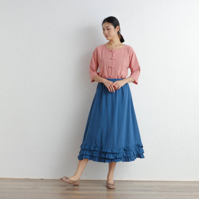 Summer Cotton Skirt Casual Loose Skirts A-line Pleated Elastic Waist Skirt Flared Midi Skirts Customized Plus Size Skirt Boho Linen Skirt image 5