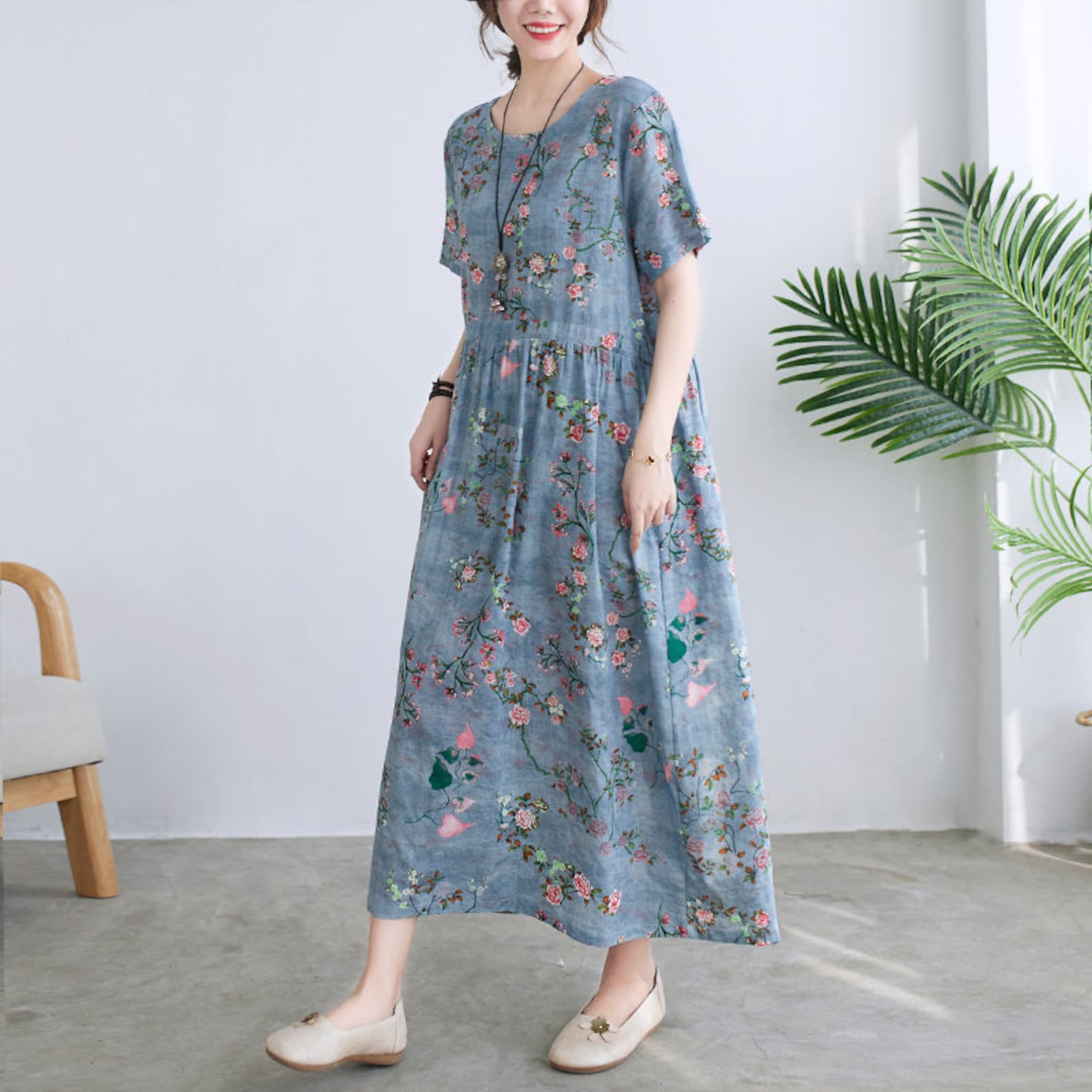 Summer Printed Cotton Dress Floral Casual Loose Robes Short - Etsy