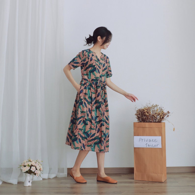 Printed Summer Dress Cotton Dress Casual Loose Tunics Short Sleeves V-neck Shirt Robes Knee Dresses Customized Dress Plus Size Linen Dress image 5