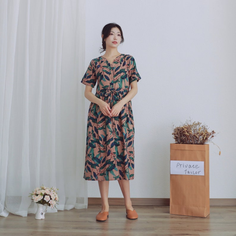 Printed Summer Dress Cotton Dress Casual Loose Tunics Short Sleeves V-neck Shirt Robes Knee Dresses Customized Dress Plus Size Linen Dress image 1